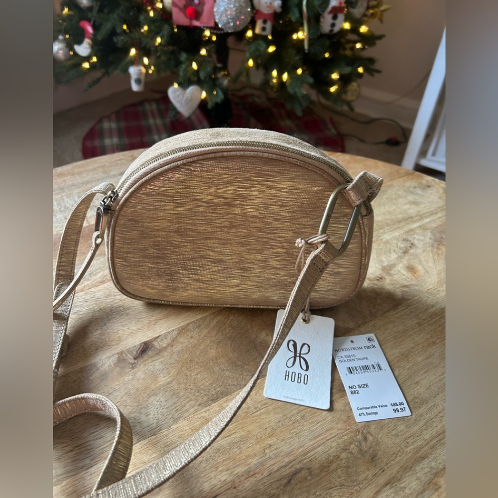HOBO Reach Crossbody in Golden Taupe, small, functional, sold out everywhere.